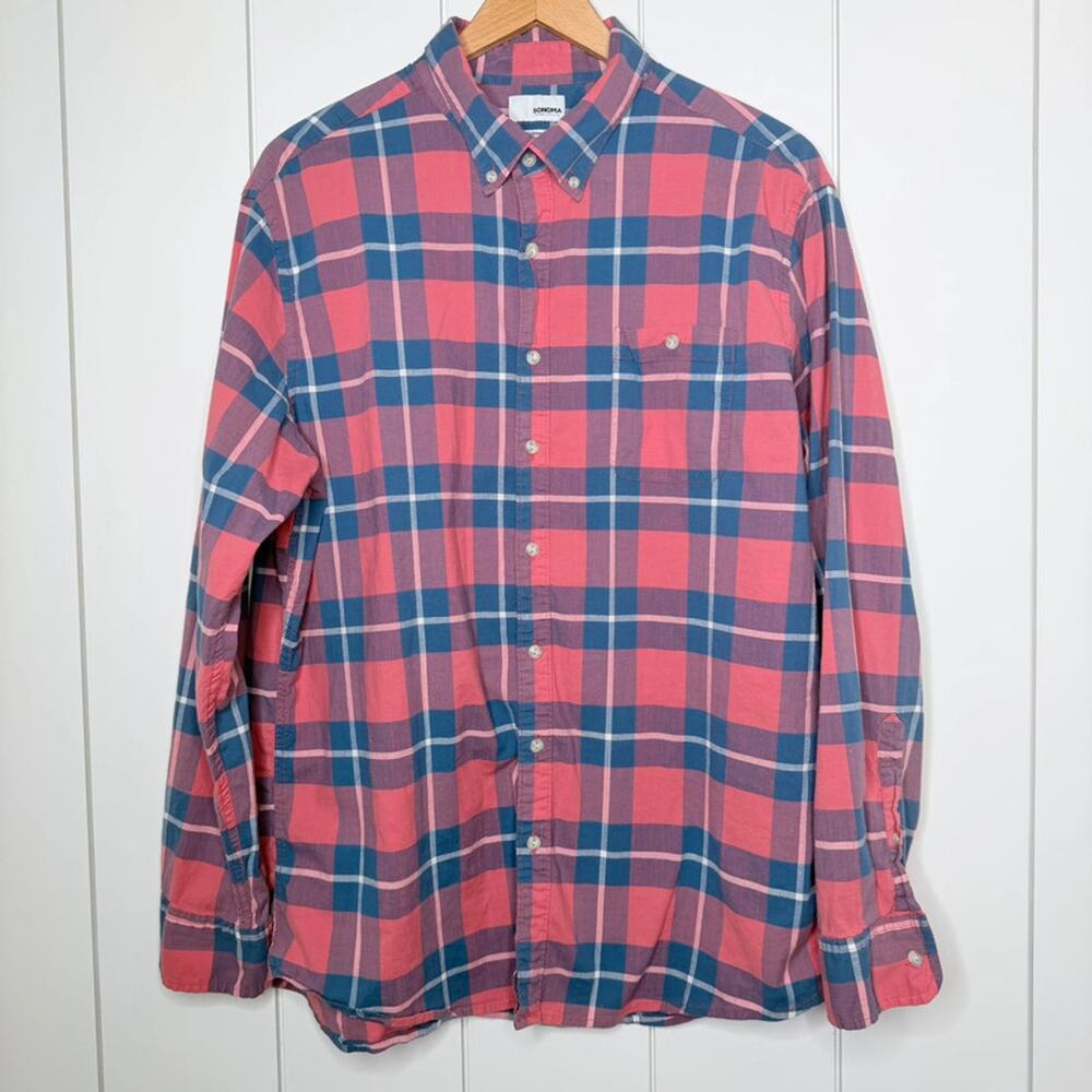 Sonoma Plaid Shirt XL Blue Pink Stretch